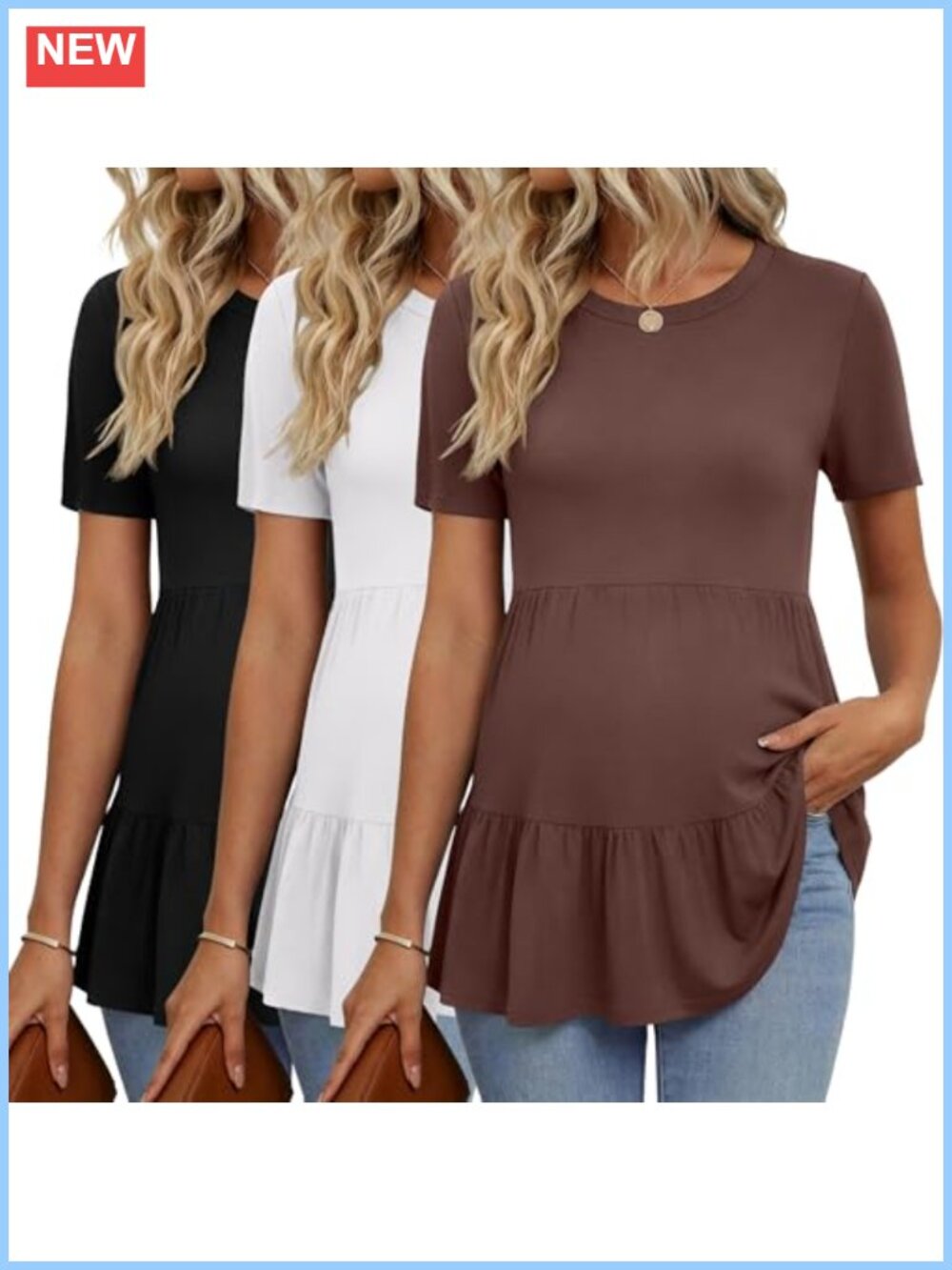 Ekouaer Maternity Short Sleeve Ruffle Peplum Babydoll Tops 3 Pack